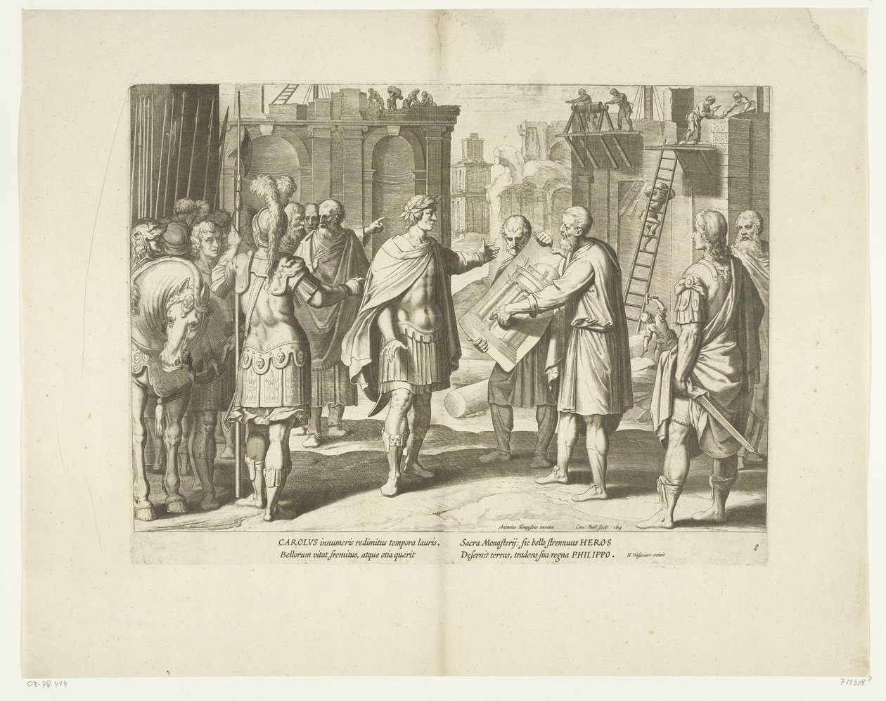 Karel V laat een klooster bouwen, 1555, nr. 8 Scener uit het leven van Karel V (serietitel) Kejser Karl V.s liv i meget smukke dybtryk, indgraveret på design af den berømte A. Tempeste, af to af de dygtigste mestre J. de Gein & af Cornelis Boel