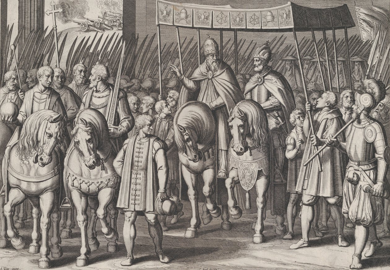 Plade 3: Charles V kronet kejser ind i Rom med paven, fra Charl...s triumfer, 1614. af Cornelis Boel