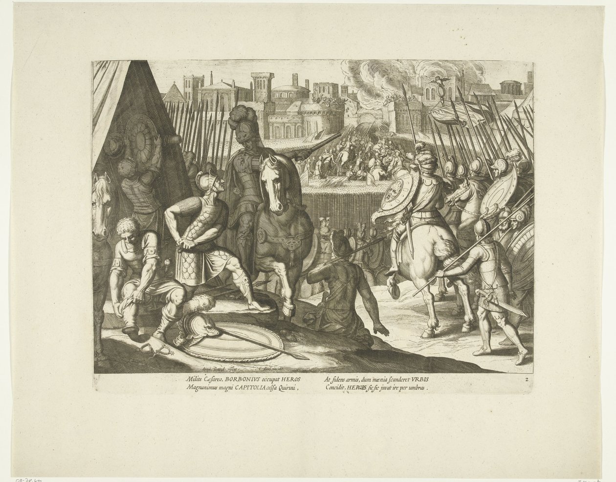 Verovering af Rom, 1527, nr. 2 Scener uit het leven van Karel V (serietitel) Kejser Karl V.s liv i meget smukke dybtryk, indgraveret på den berømte A. Tempestes design, af to af de dygtigste mestre J. de Gein & C. Boel. Ved af Cornelis Boel