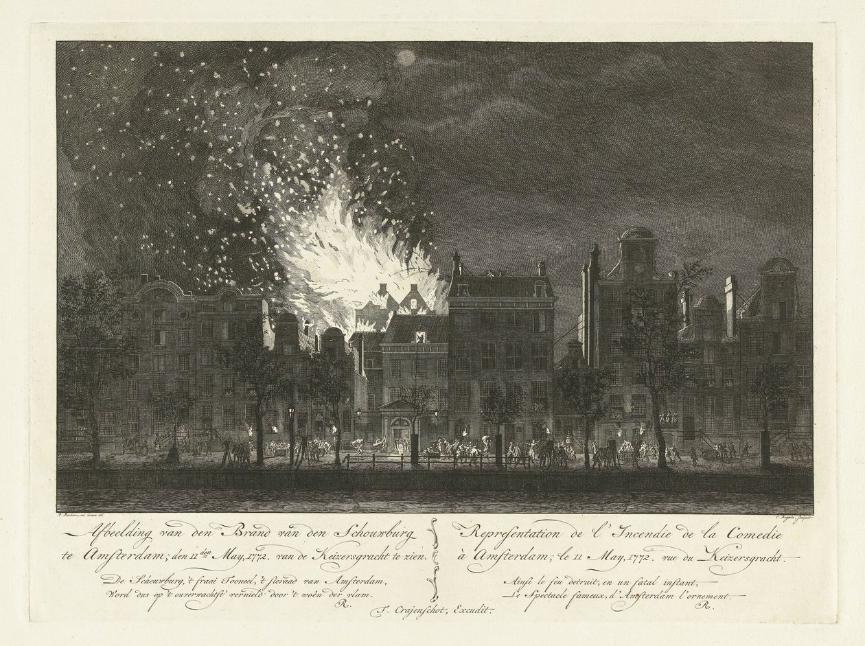 Brand i Amsterdamse Schouwburg set fra den anden side af Keizersgracht, 1772 Afbildning af branden i Schouwburg i Amsterdam; 11. maj 1772. Fra Keizersgracht for at se / Representation de l