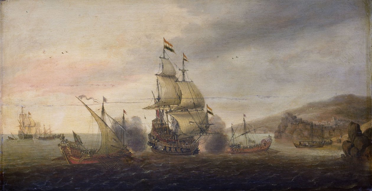 Søslag mellem hollandske krigsmænd og spanske Galeys af Cornelis Bol