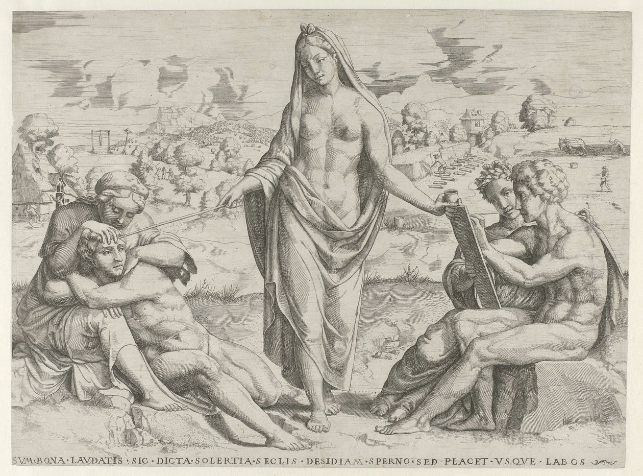 Opfindsomhed belønner flid og straffer dovenskab af Cornelis Bos (attributed to)
