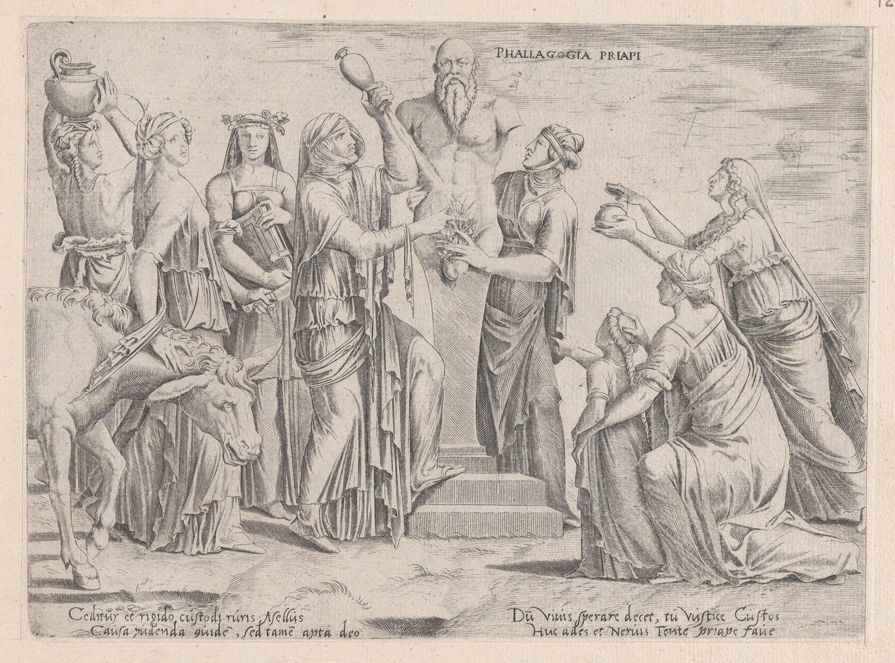 Mirror of Roman Magnificence: Otte kvinder, der ofrer til Priapus, 16. århundrede., 16. århundrede. af Cornelis Bos.