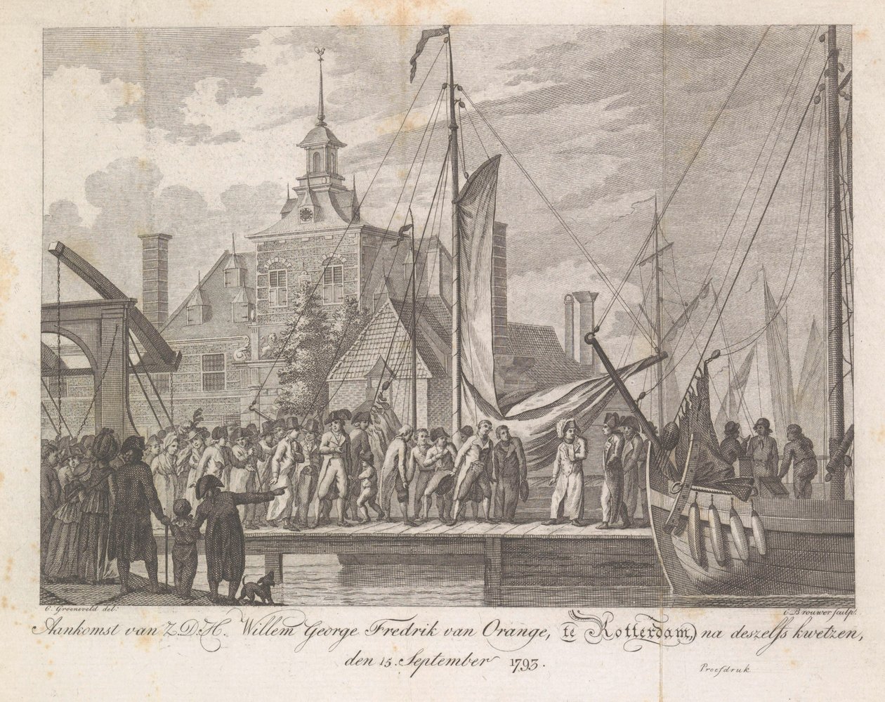 Ankomst af den sårede prins Willem George Frederik til Rotterdam, 1793 Ankomst af Z.D.H. Willem George Fredrik van Oranje, i Rotterdam, efter hans sår, 15. september 1793 (titel på objekt) af Cornelis Brouwer