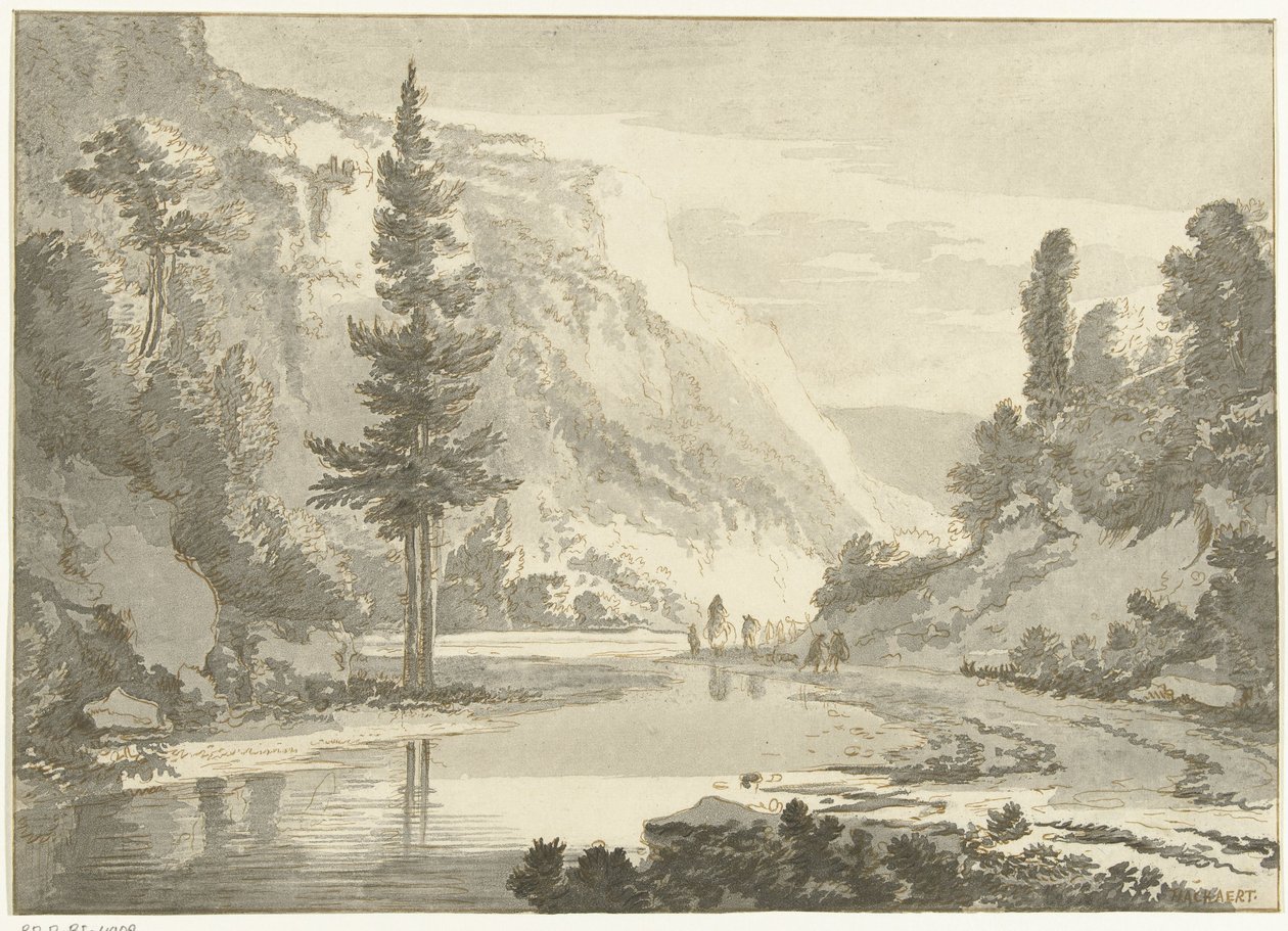 Bjerglandskab med hyrder på en flodbred af Cornelis Brouwer