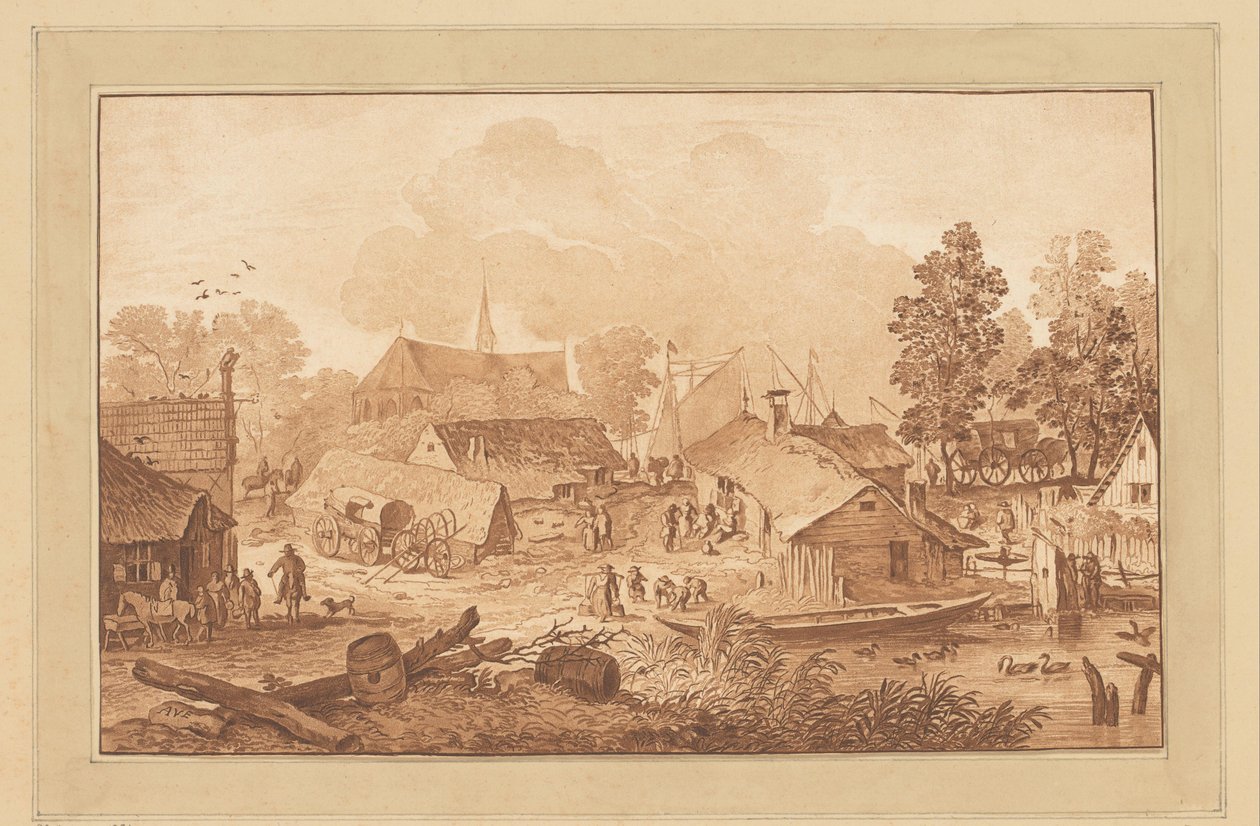 Udsigt til landsbyen med dam af Cornelis Brouwer