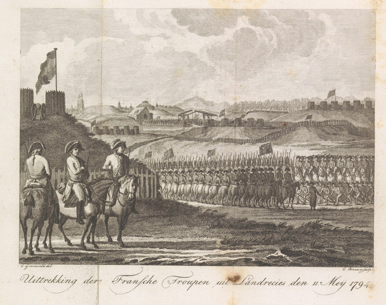Franske tropper forlader Landrecy, 1794 Udvinding af den franske trup fra Landrecies den 11. maj 1794 (titel på objekt) af Cornelis Brouwer