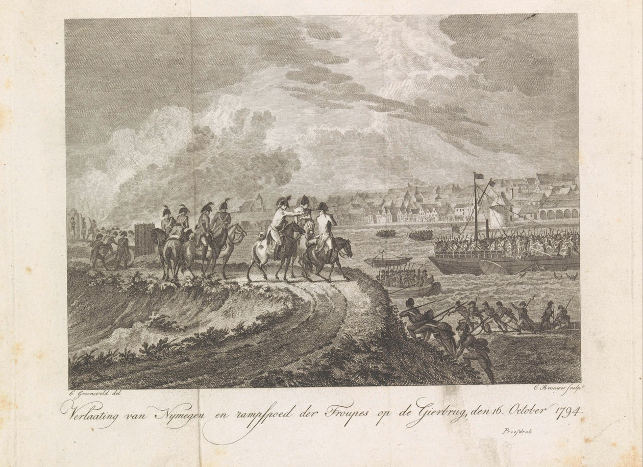 Fransk beskyder de flygtende tropper på Gierbrug, 1794 Opgivelse af Nymegen og Troupernes katastrofe på Vulture Bridge, 16. oktober 1794 (titel på objekt) af Cornelis Brouwer