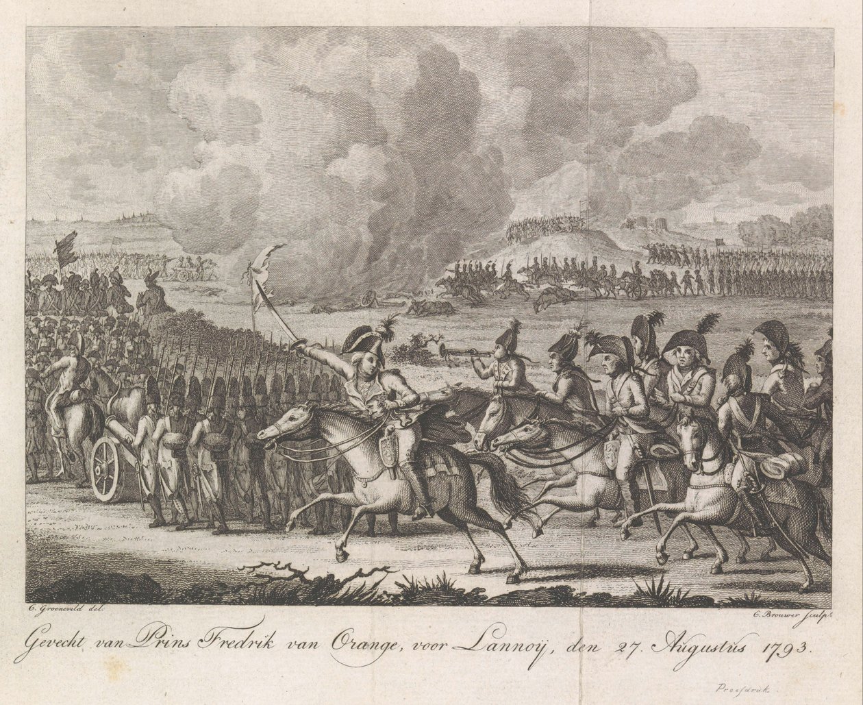 Prins William George Frederik i slaget ved Lannoy, 1793 Slaget ved Prins Frederik af Orange, før Lannoy, 27. august 1793 (titel på objektet) af Cornelis Brouwer