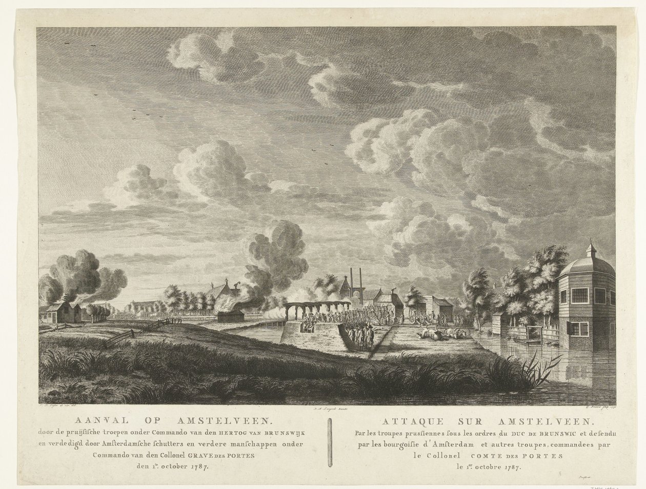 Preussiske tropper angriber Amstelveen, som forsvares af Amsterdams bueskytter den 1. oktober 1787 Angreb på Amstelveen ... den 1. oktober 1787 (titel på objekt) Attaque sur Amstelveen ... le 1er. oktober 1787 (titel på objekt) af Cornelis Brouwer