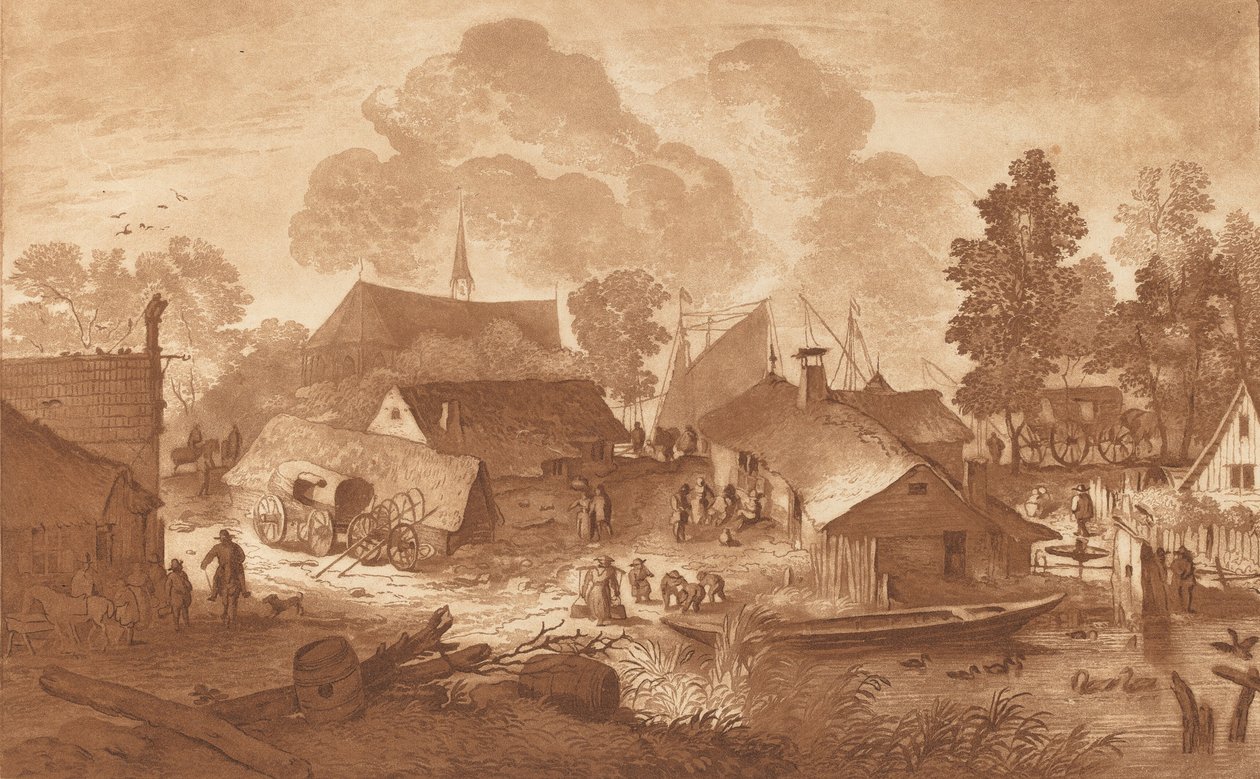 Landsby med dam, ca. 1782. af Cornelis Brouwer