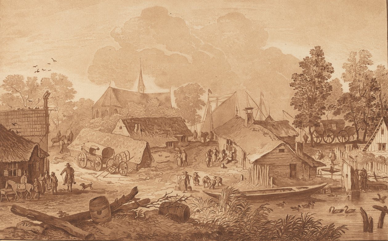 Landsby med dam, ca. 1782. af Cornelis Brouwer