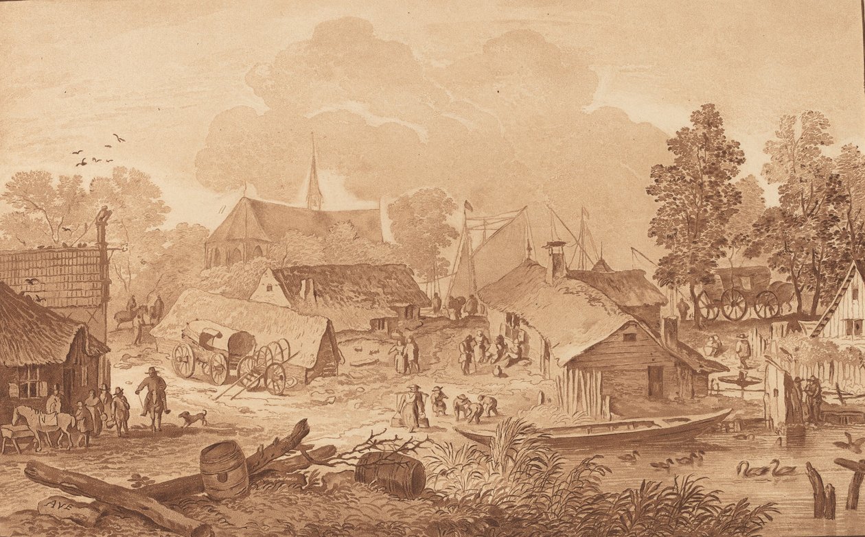 Landsby med dam, ca. 1782. af Cornelis Brouwer