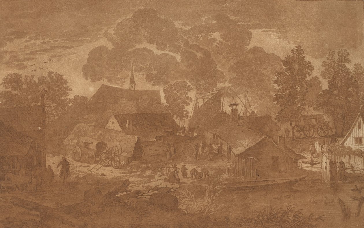 Landsby med dam, ca. 1782. af Cornelis Brouwer
