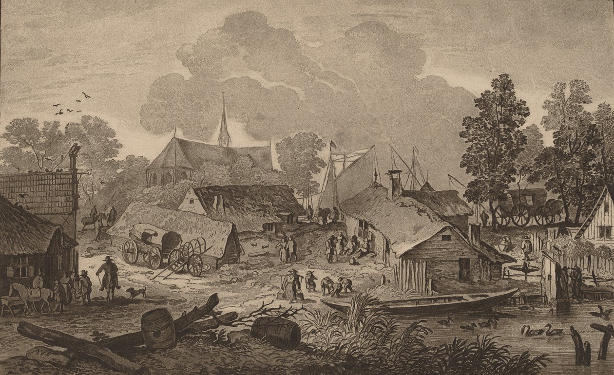 Landsby med dam, ca. 1782. af Cornelis Brouwer