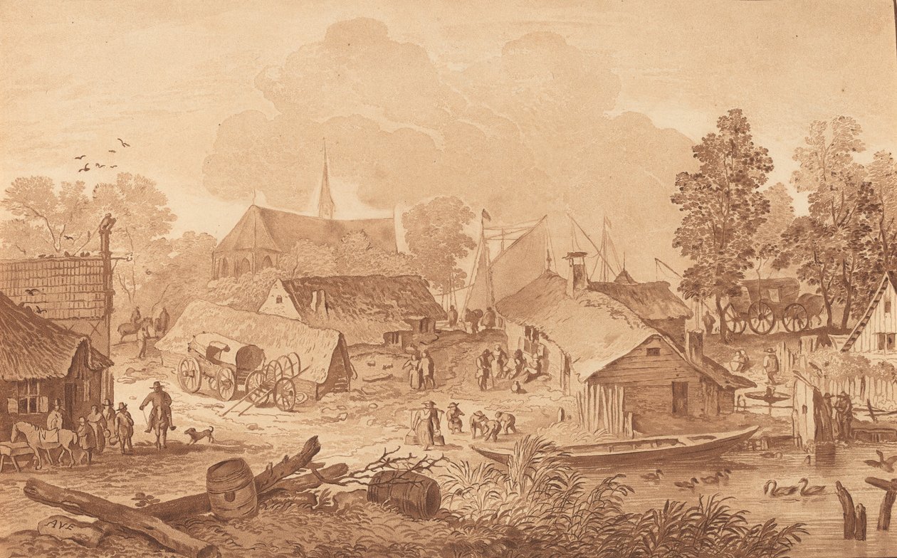 Landsby med dam, ca. 1782. af Cornelis Brouwer