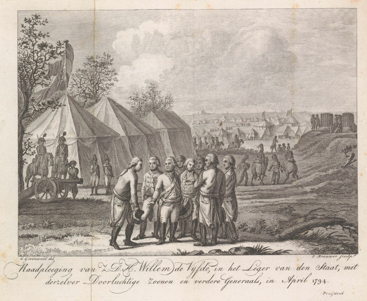 William V med sine sønner i hærlejren, 1794 Høring af Z.D.H. Vilhelm den Femte, i statens hær, med hans fredfyldte sønner og andre generaler, i april 1794 (titel på objekt) af Cornelis Brouwer