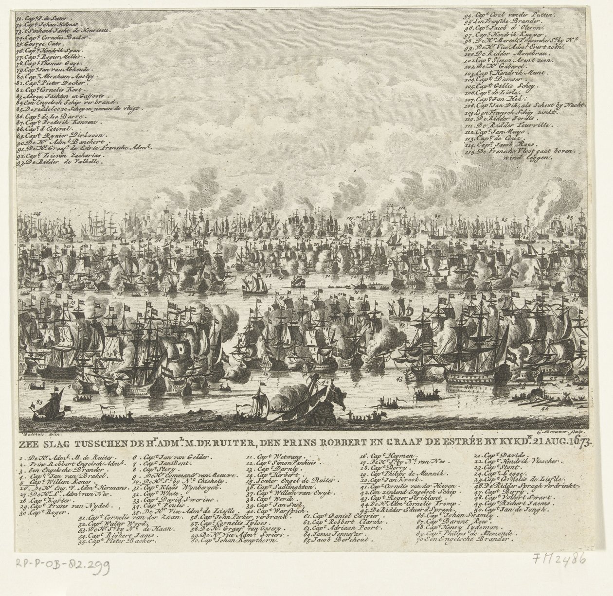 Slaget ved Kijkduin, 1673 Søslag mellem Hr. admin. M. de Ruiter, Prins Robbert og Grev de Estrée af Kykdn. 21. august 1673 (titel på objekt) af Cornelis Brouwer