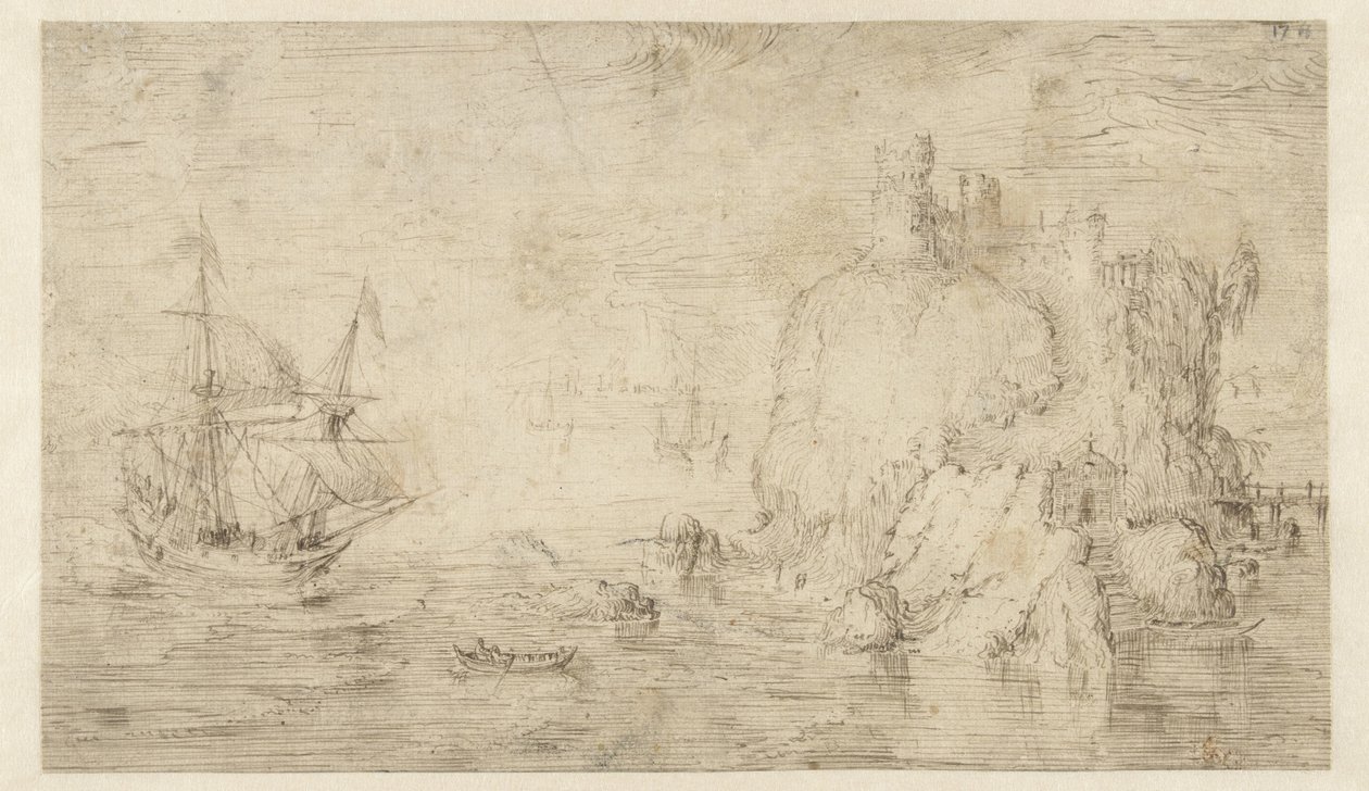 Havlandskab med et skib nær en ø af Cornelis Claesz van Wieringen (attributed to)