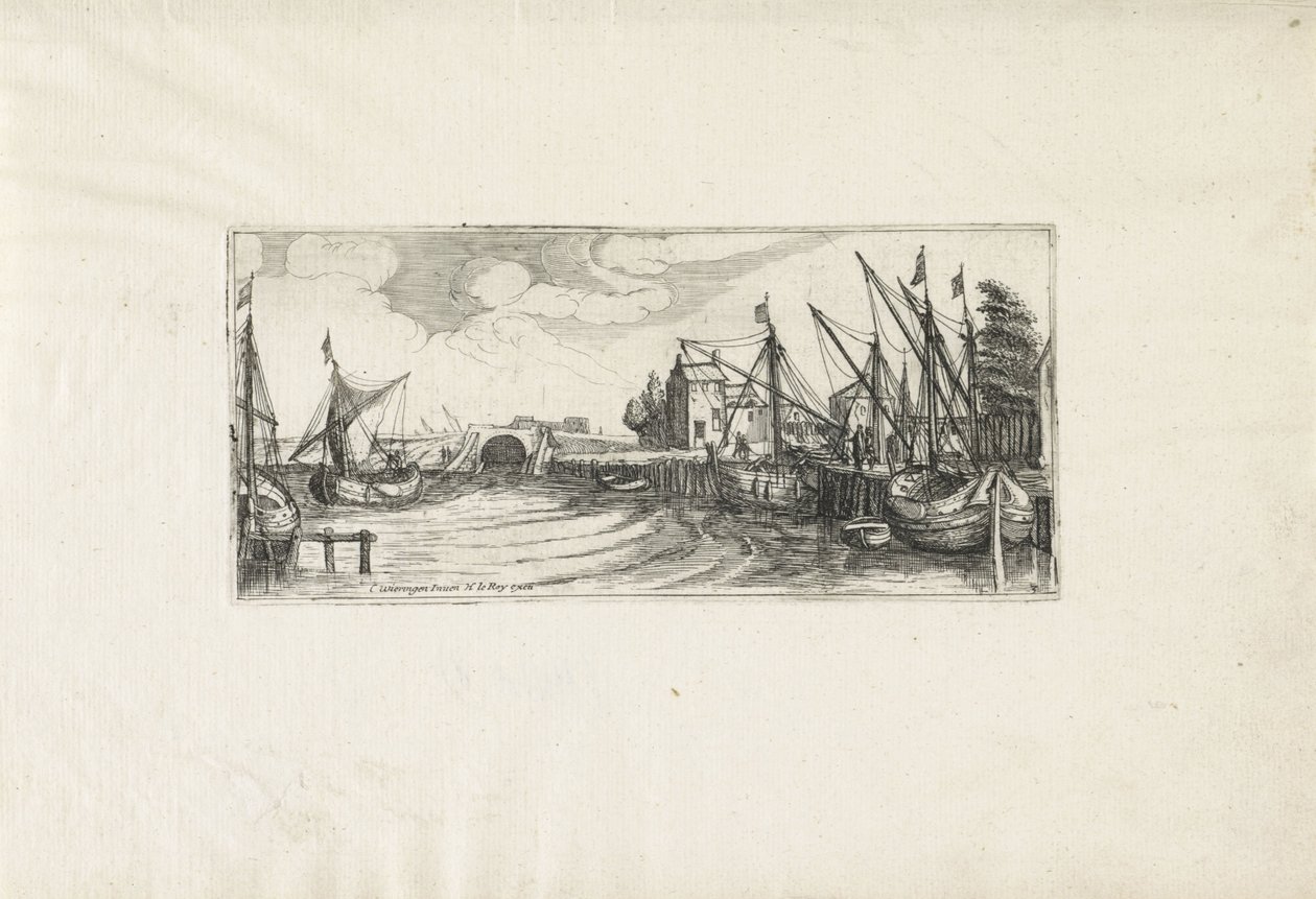 Udsigt over en havn med sluse Landskaber (serietitel) af Cornelis Claesz van Wieringen (possibly)