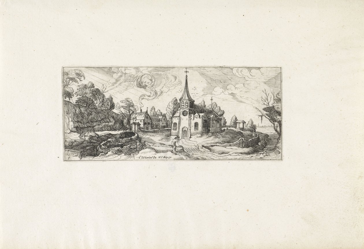 Landskab med udsigt til en kirke i en landsby Landskaber (serietitel) af Cornelis Claesz van Wieringen (possibly)