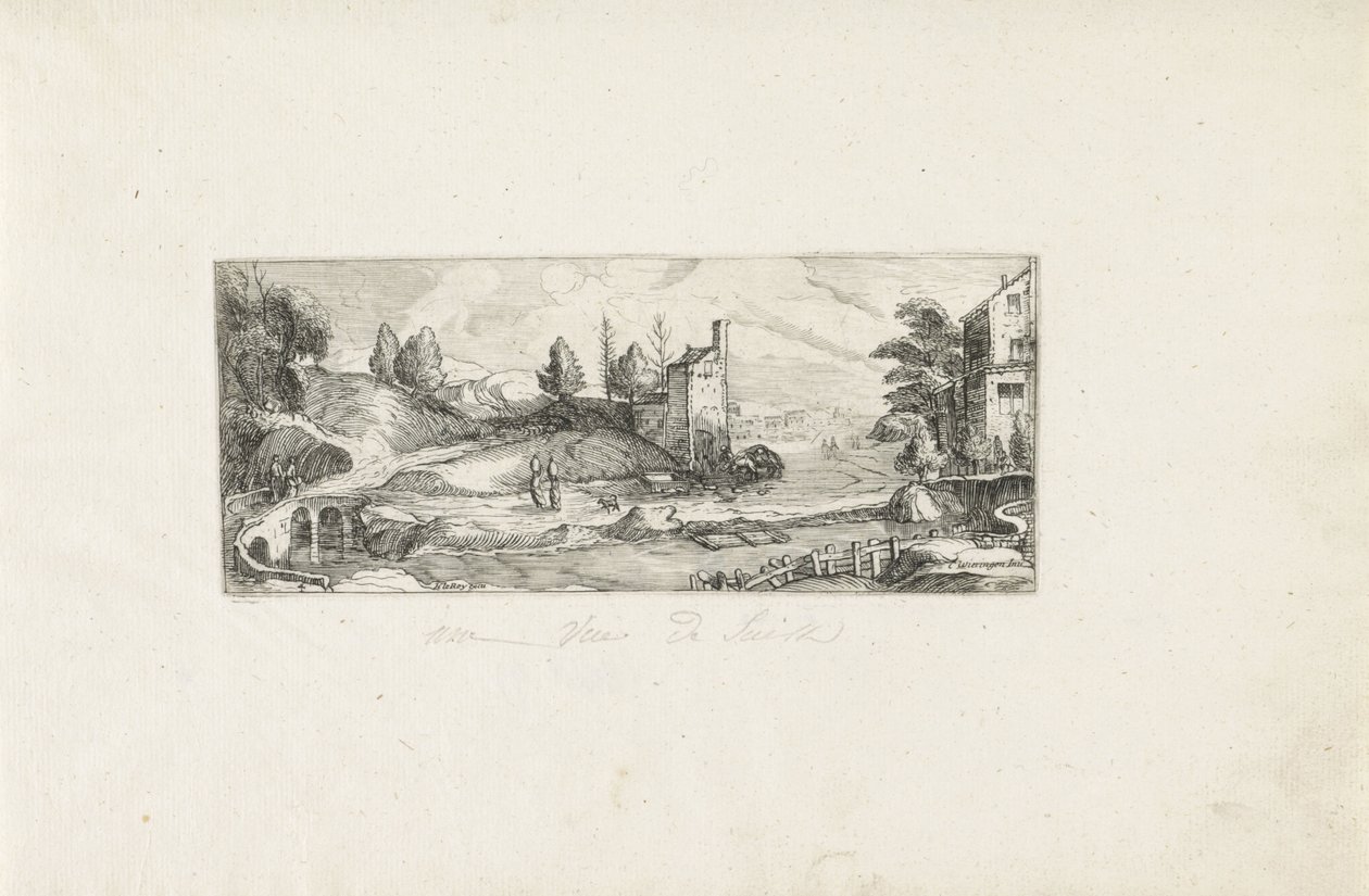 Flodlandskab med to kvinder på en bro Landskaber (serietitel) af Cornelis Claesz van Wieringen (possibly)