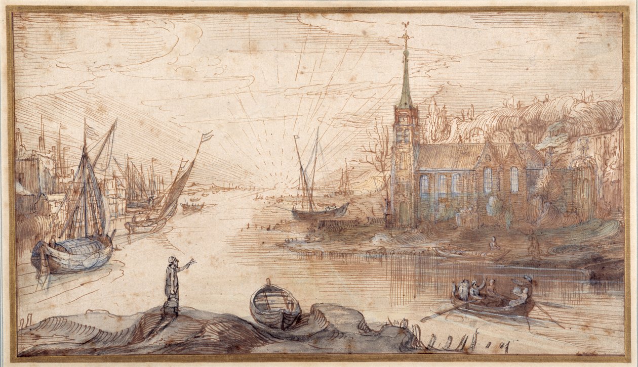 En havnescene med skibsfart og en kirke ved solnedgang (pen & brunt blæk med brun vask på papir) af Cornelis Claesz  van Wieringen