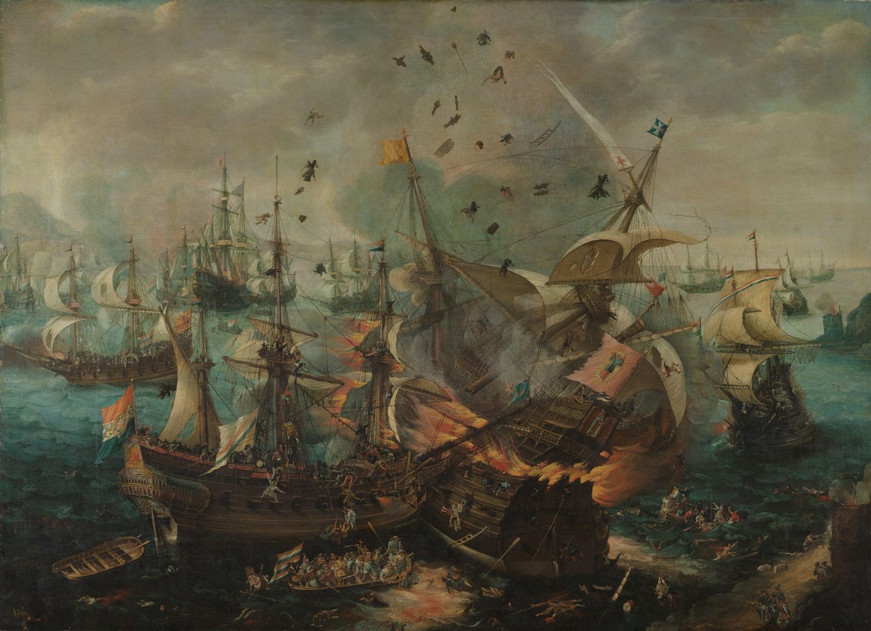 Slaget ved Gibraltar i 1607 Eksplosionen af det spanske flagskib under slaget ved Gibraltar, 25. april 1607 af Cornelis Claesz  van Wieringen
