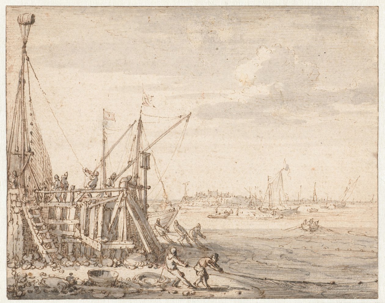 Havnehoved med fiskere, der hiver deres garn ind af Cornelis Claesz  van Wieringen