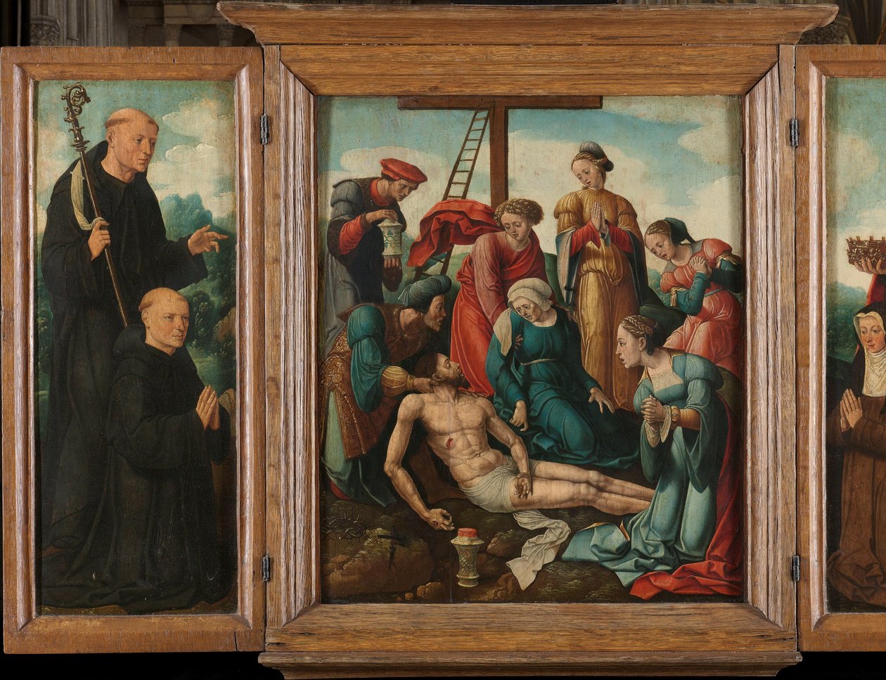 Triptykon med Kristi klagesang (i midten), flankeret af den mandlige donor med Sankt Benedikt (venstre, indre fløj) og kvindelig donor med Sankt Elizabeth af Thüringen (højre, indre fløj) af Cornelis Cornelisz II Buys (attributed to)