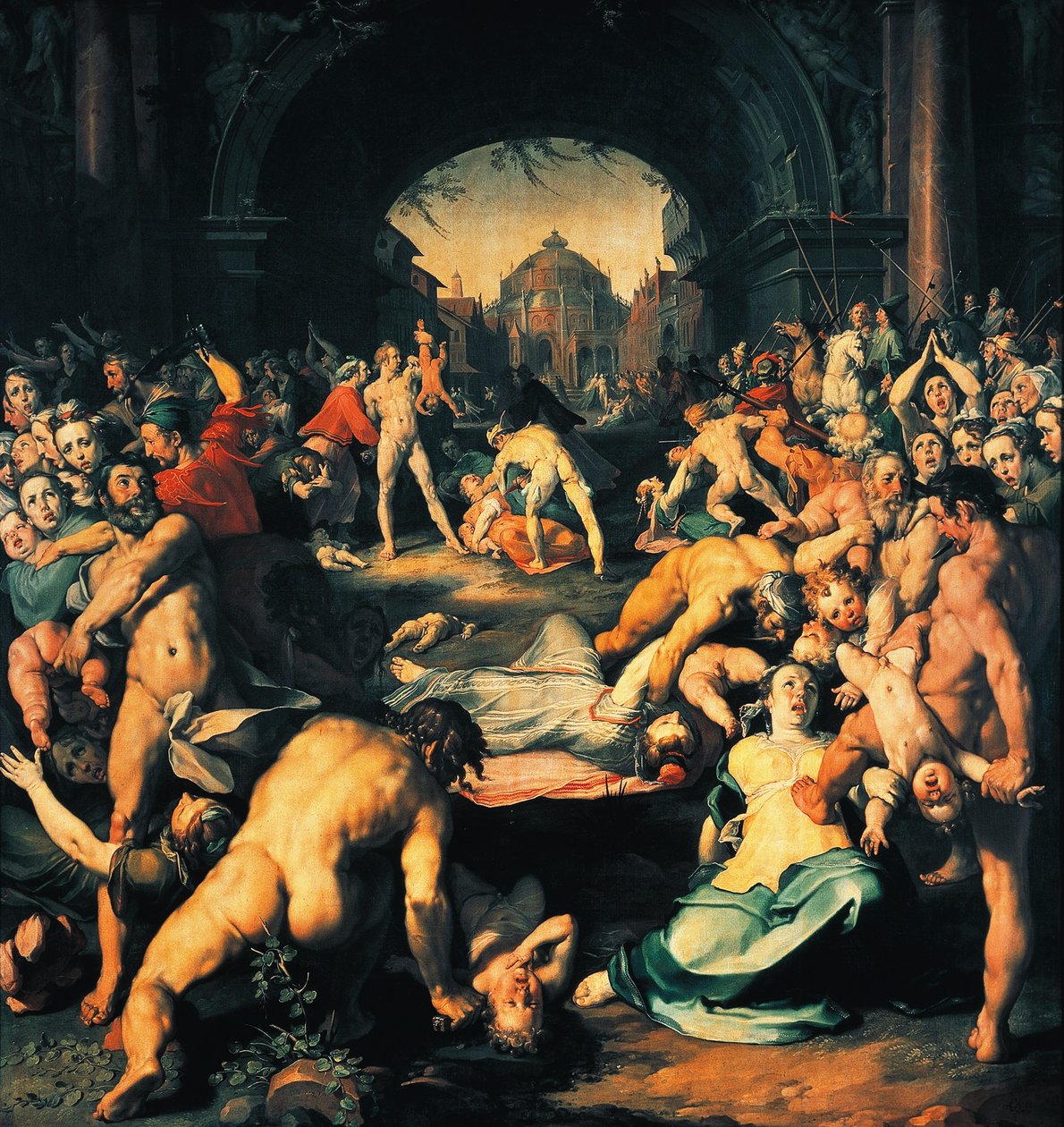 Massakre på uskyldige, centralt panel af triptykon, af Cornelis Cornelisz van Haarlem (1562-1638) af Cornelis Cornelisz. van Haarlem