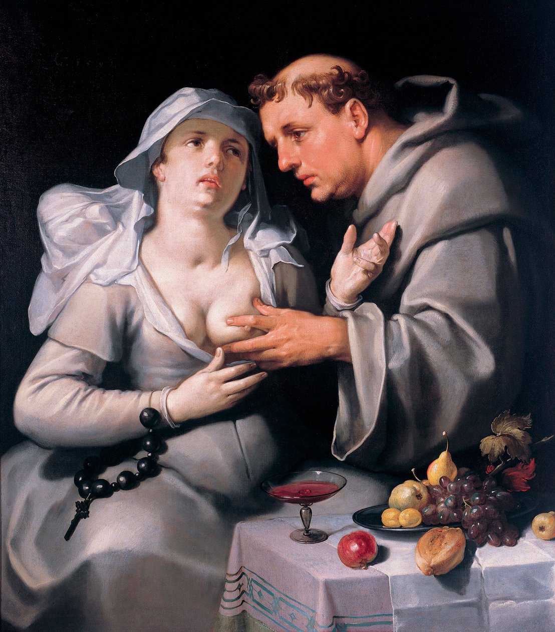 ""En munk og en nonne" (En munk og en nonne) Munken stryger nonnen over brystet - Maleri af Cornelis Cornelisz van Haarlem (1562-1638) af Cornelis Cornelisz. van Haarlem