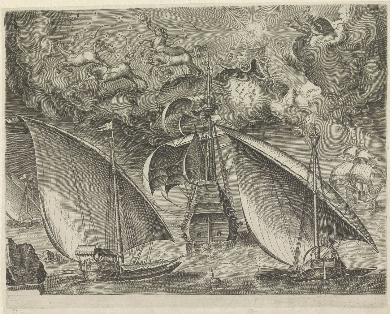 To kabysser bag en tremester, på himlen Phaëthons fald Sejlskibe (serietitel) af Cornelis Cort (possibly)