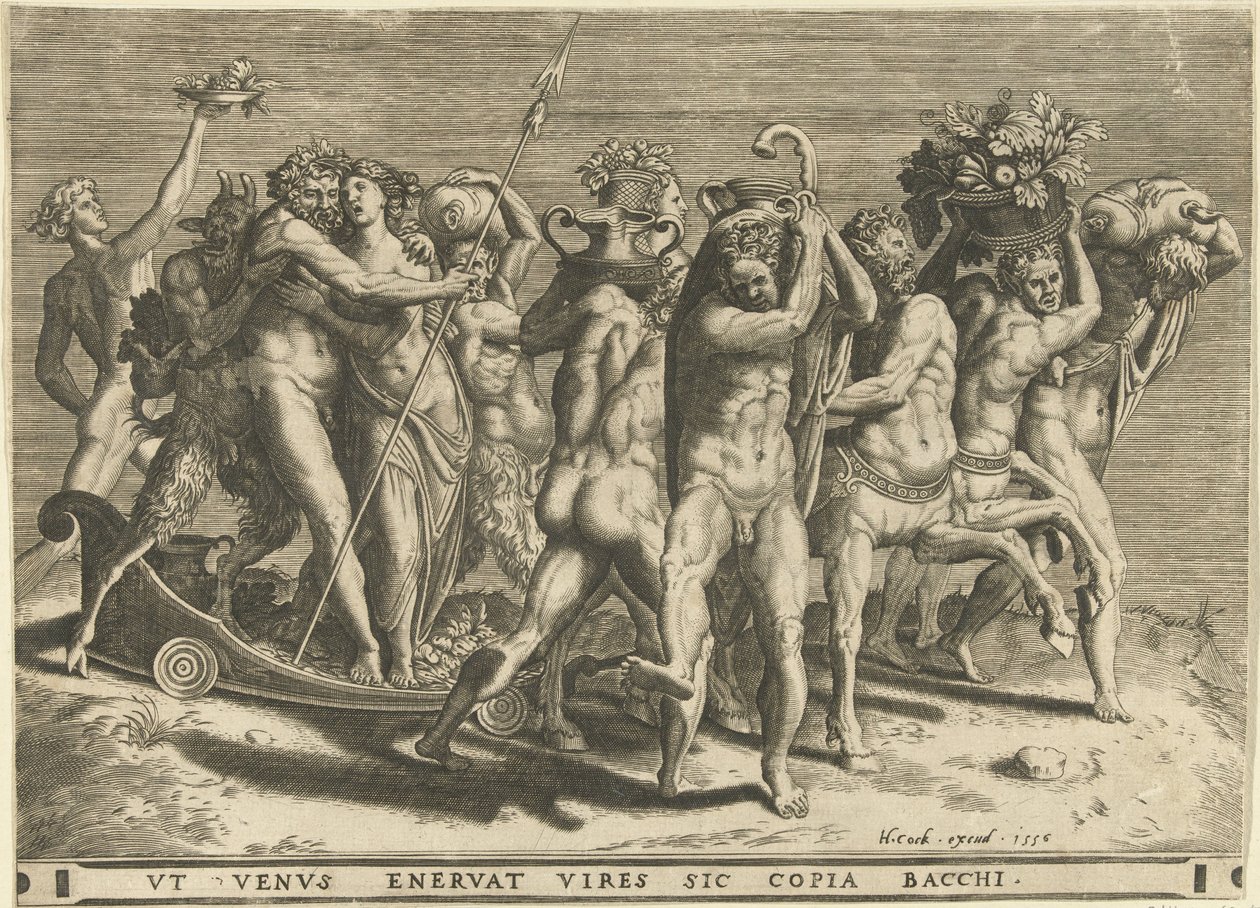 Bacchus og Venus i en vogn trukket af kentaurer af Cornelis Cort (rejected attribution)