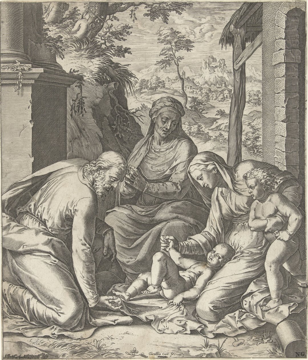 Hellig familie med Anna og Johannes Døberen som barn af Cornelis Cort