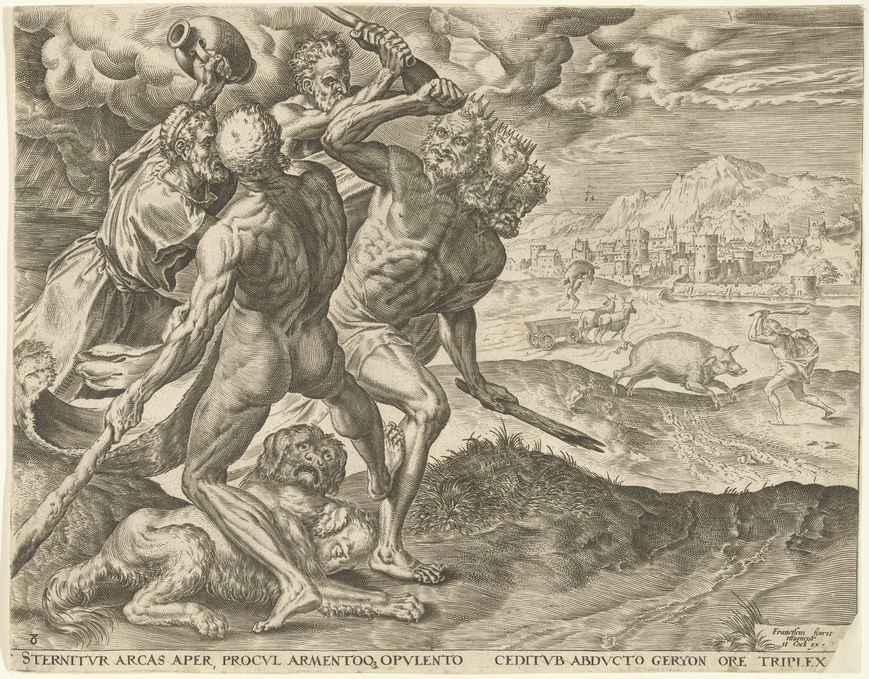 Hercules dræber Geryon og hans hund Labours of Hercules (serietitel) af Cornelis Cort