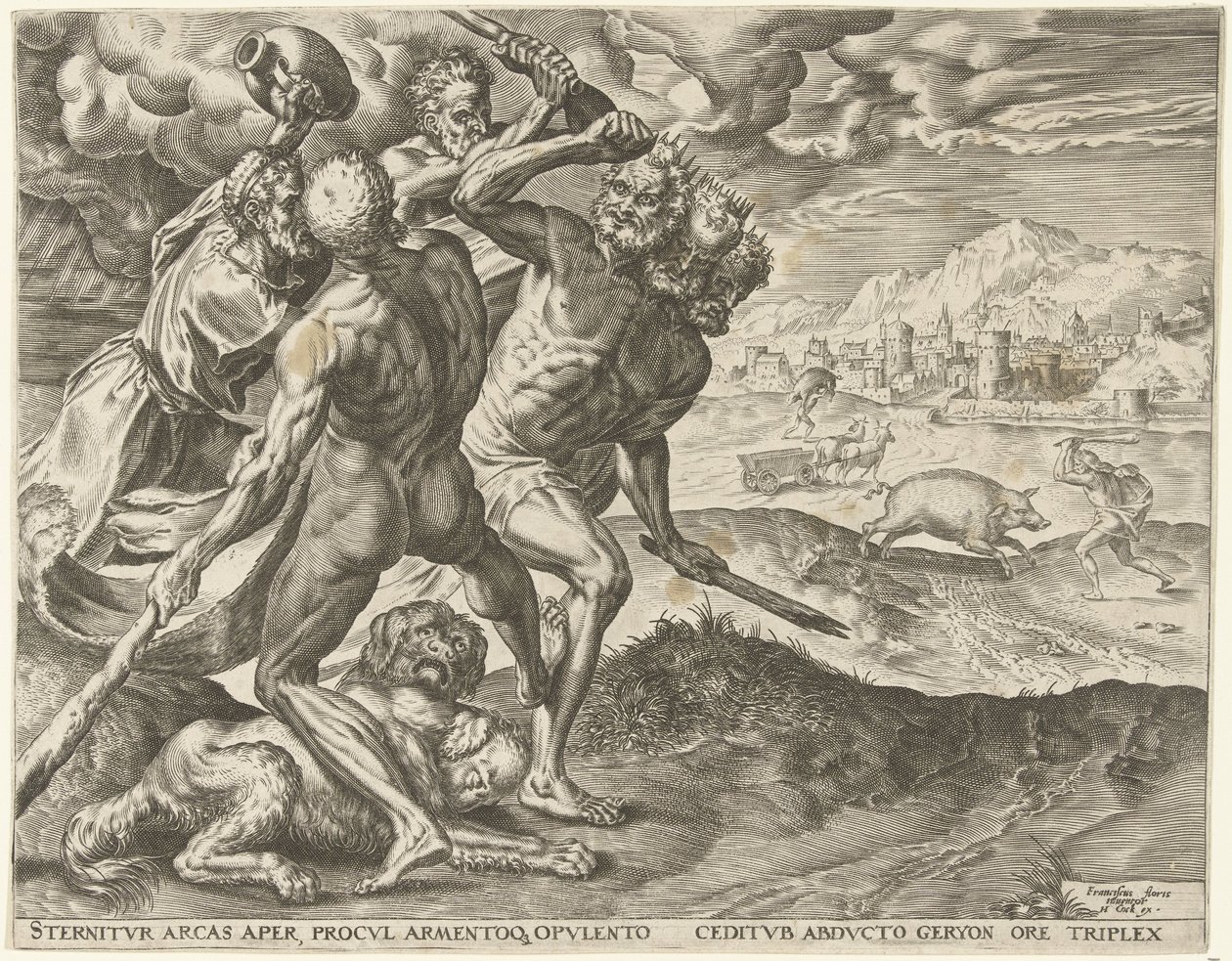 Hercules dræber Geryon og hans hund Labours of Hercules (serietitel) af Cornelis Cort