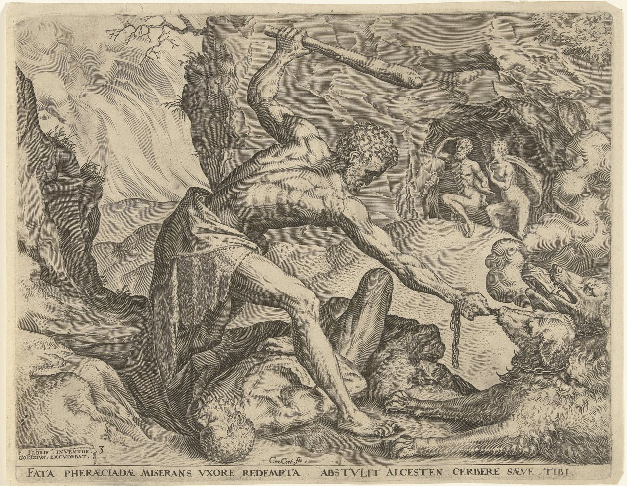 Hercules trækker Cerberus ud af helvede Labours of Hercules (serietitel) af Cornelis Cort