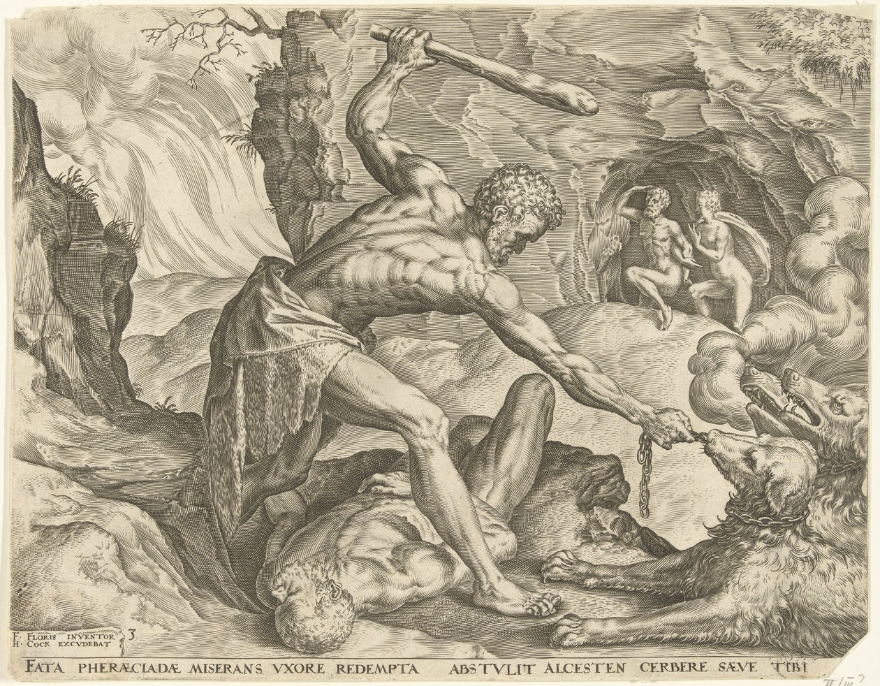Herkules trækker Cerberus ud af helvede Labours of Hercules (serietitel) af Cornelis Cort
