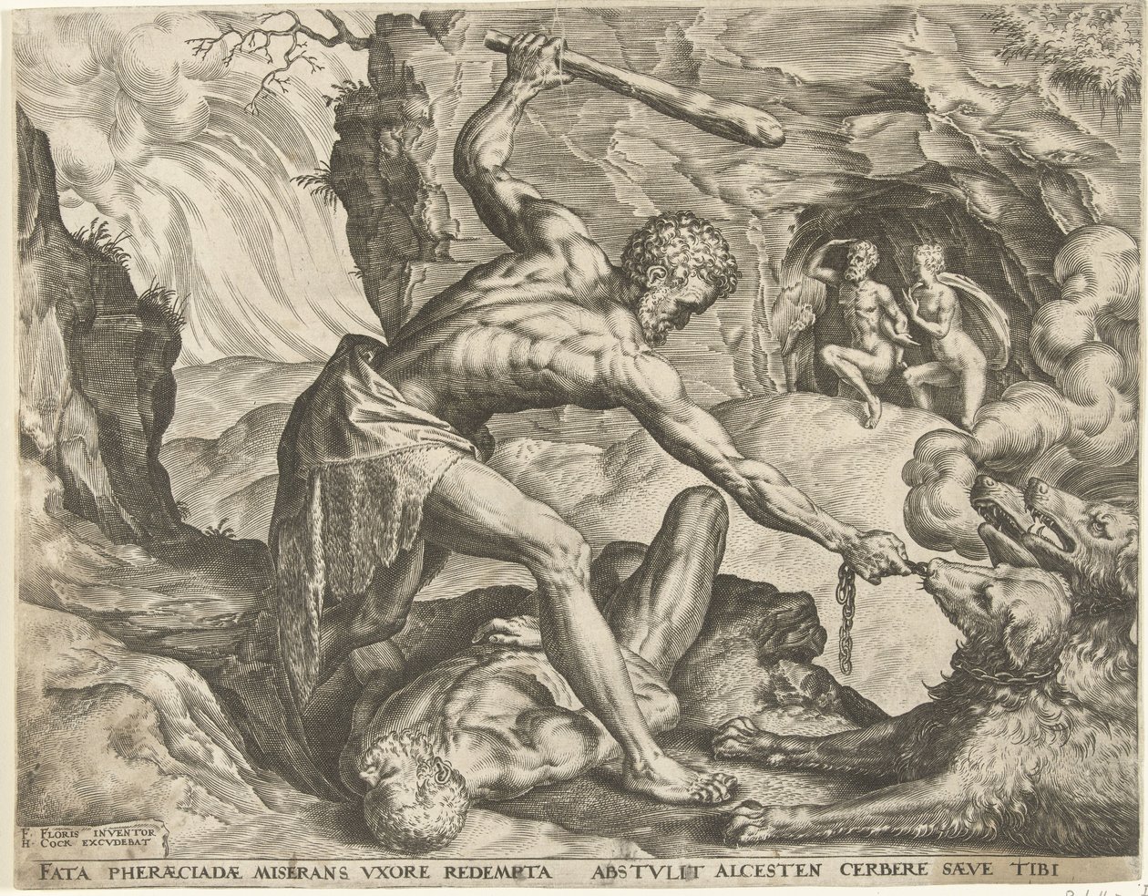 Herkules trækker Cerberus ud af helvede Labours of Hercules (serietitel) af Cornelis Cort
