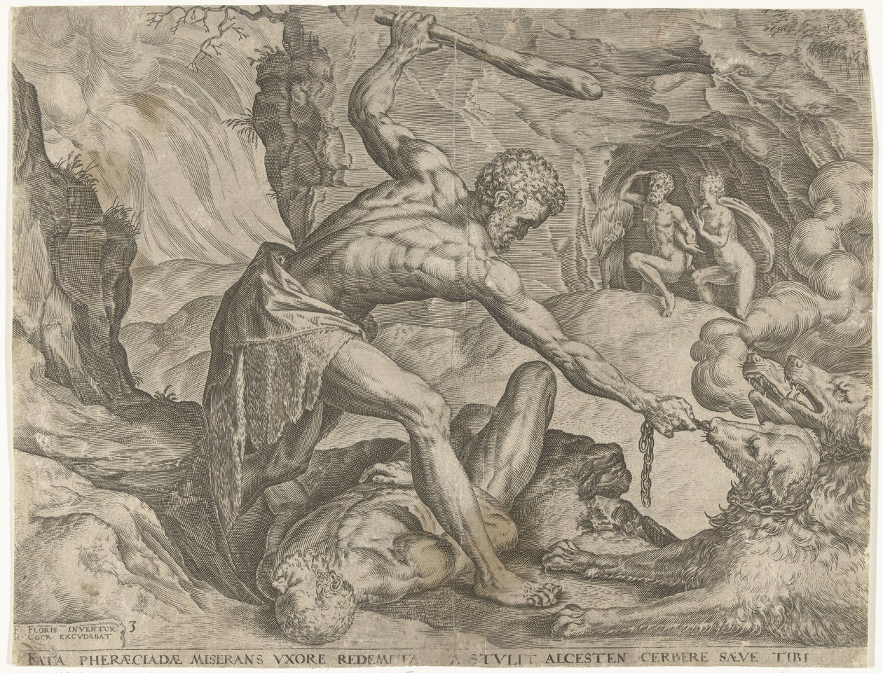 Herkules trækker Cerberus ud af helvede Labours of Hercules (serietitel) af Cornelis Cort