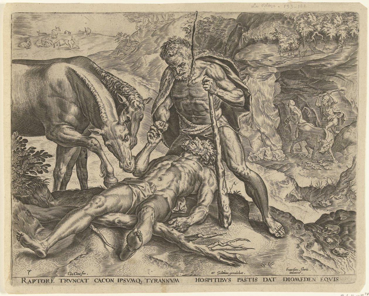 Hercules fodrer Diomedes til sine heste Labours of Hercules (serietitel) af Cornelis Cort