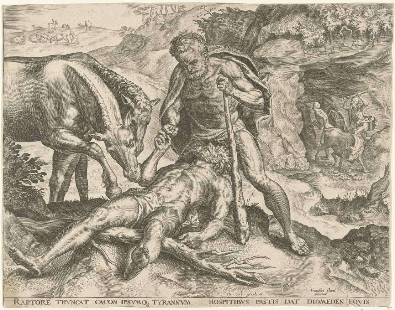 Hercules fodrer Diomedes til sine heste Labours of Hercules (serietitel) af Cornelis Cort