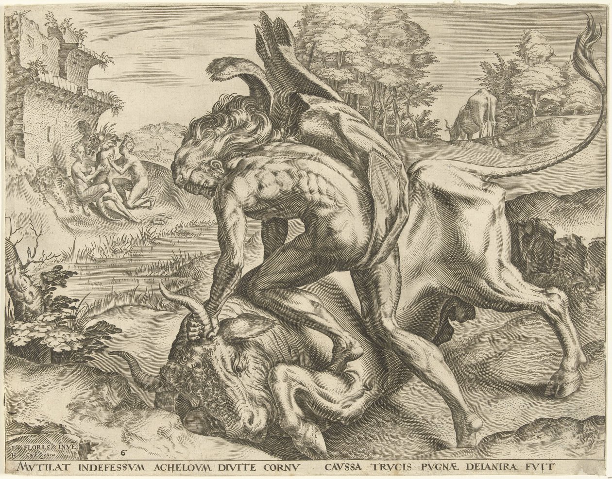 Hercules kæmper med Acheloüs Works of Hercules (serietitel) af Cornelis Cort