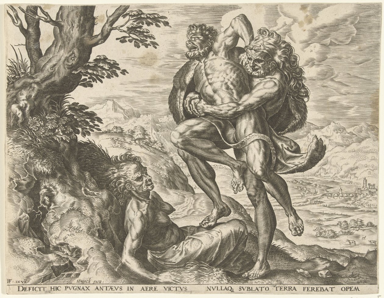 Hercules kæmper med Antaeus Labours of Hercules (serietitel) af Cornelis Cort