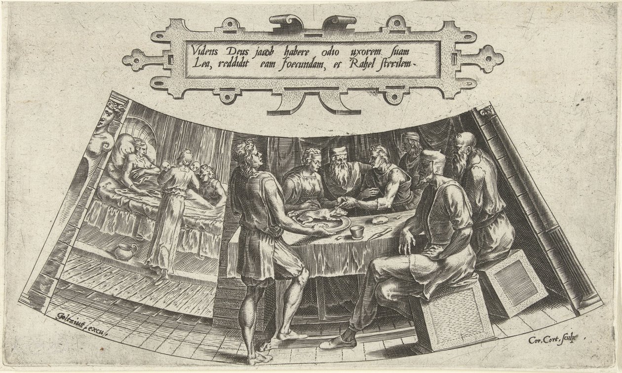 Ægteskabet mellem Jakob og Lea og fødslen af ​​deres første barn The History of Jacob (serietitel) af Cornelis Cort