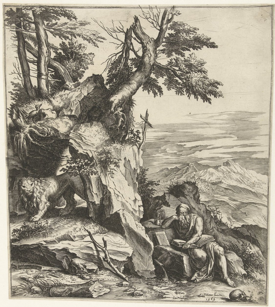 Landskab med læsning Hieronymus af Cornelis Cort