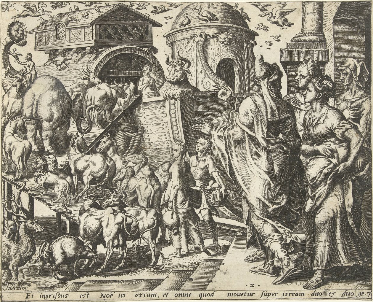 Noa gik ombord i arken med sin familie og dyrene The History of Noah (serietitel) af Cornelis Cort