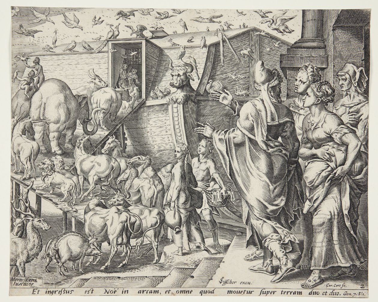Noah, hans familie og dyrene, der går ombord på arken af Cornelis Cort