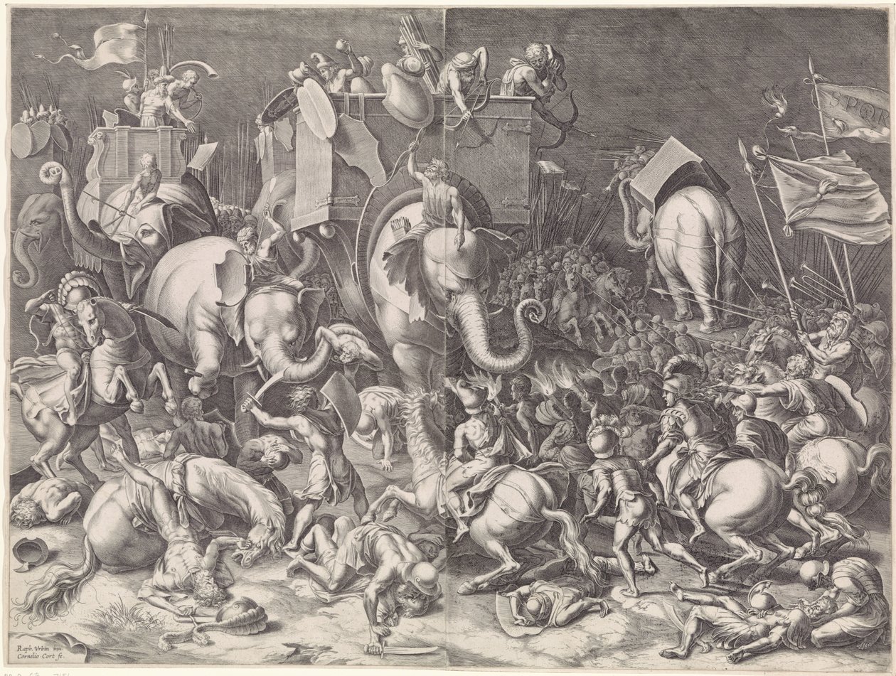 Slaget ved Zama mellem Scipio og Hannibal om natten af Cornelis Cort